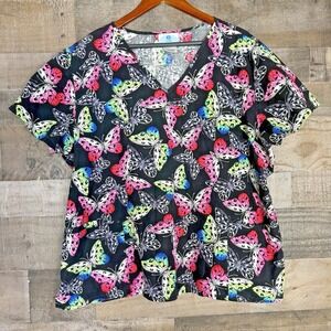 SB Scrubs Women's Scrub Top Size 2X Black With Bright Butterflies Nurse Medical